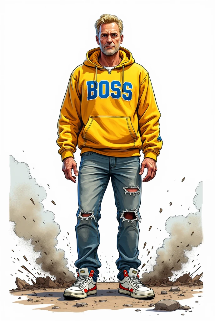 Create a comic book style drawing, bright coloured, high qualiy, a 37 year old white male, 80 kilos, Italian descent, medium size, blond short hair, yellow sweatshirt with blue details that says BOSS, gray jeans with small rips, white sneakers with red details, Apocalypse theme, drawing with perspective, Action scene, white background, fully body