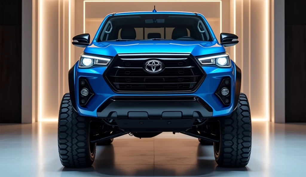 A front straight view of a 2025 Toyota Hilux pickup truck, showcasing its bold and aggressive stance. The truck's island blue exterior is highly polished and shining, giving it a stunning, eye-catching look. The massive off-road tires add to its powerful presence. The truck is set in a luxurious, well-lit showroom, where the modern and upscale environment enhances its striking appearance, making it perfect for a captivating YouTube thumbnail."