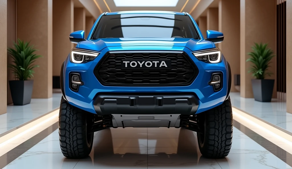 A front straight view of a 2025 Toyota Hilux pickup truck, showcasing its bold and aggressive stance. The truck's island blue exterior is highly polished and shining, giving it a stunning, eye-catching look. The massive off-road tires add to its powerful presence. The truck is set in a luxurious, well-lit showroom, where the modern and upscale environment enhances its striking appearance, making it perfect for a captivating YouTube thumbnail."