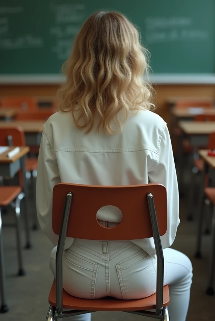 (fotorrealism:1.2), beautiful teenager, big-ass, camera behind her, She is wearing an oversized shirt and it makes her shirt cover her jeans a little bit., wearing white jeans, seated in a chair, slightly curly blonde hair, in a classroom environment, her ass showing through the hole in the back of the chair,