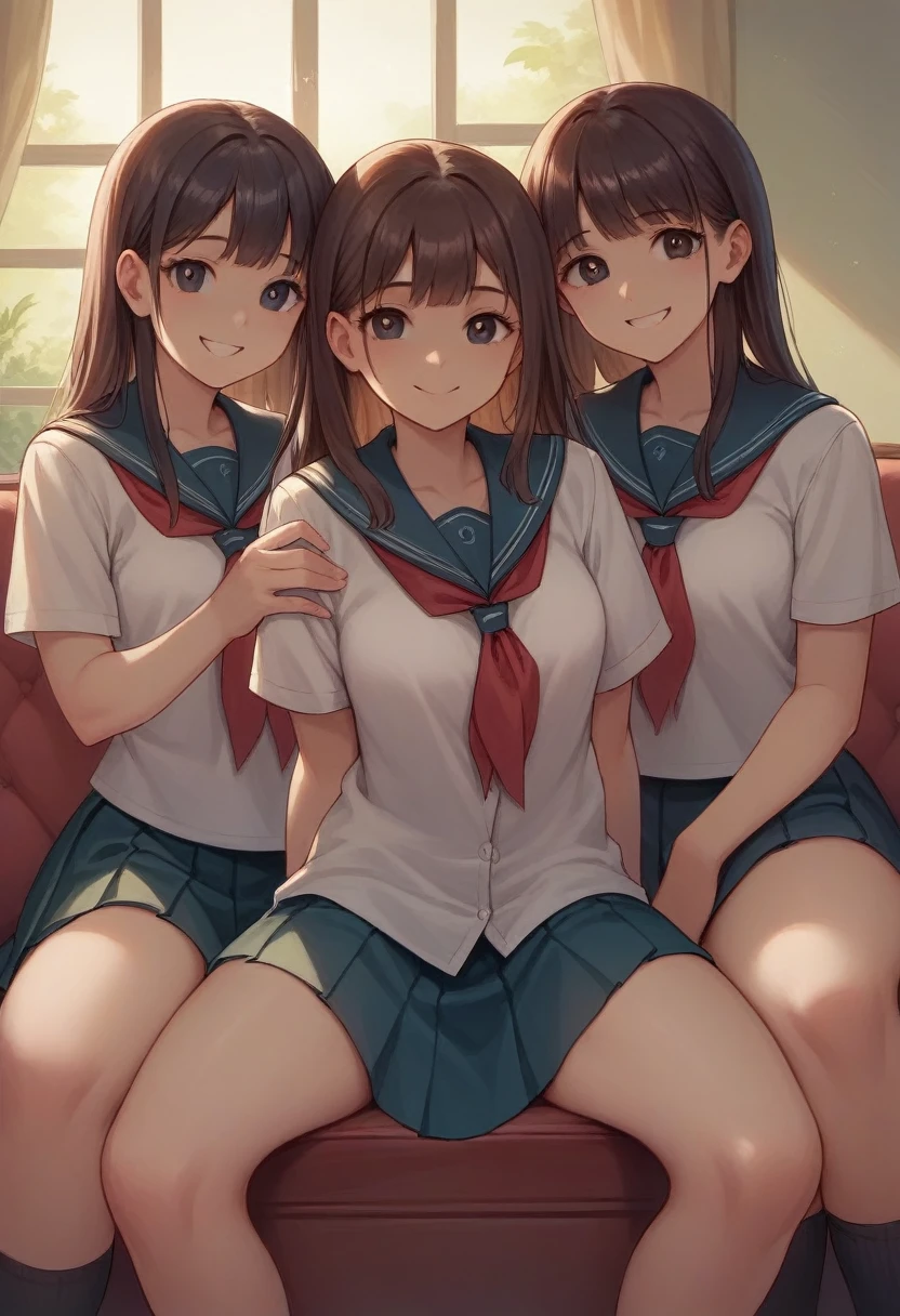 ((best quality, 8k, masterpiece)), ultra-detailed, sharp focus, (three cute girls sitting on top of the three old man), 18yo, (long seats), ((school uniform)), highly detailed face and skin texture, ((detailed eyes)), ((beautiful eyes:1.2)), smile