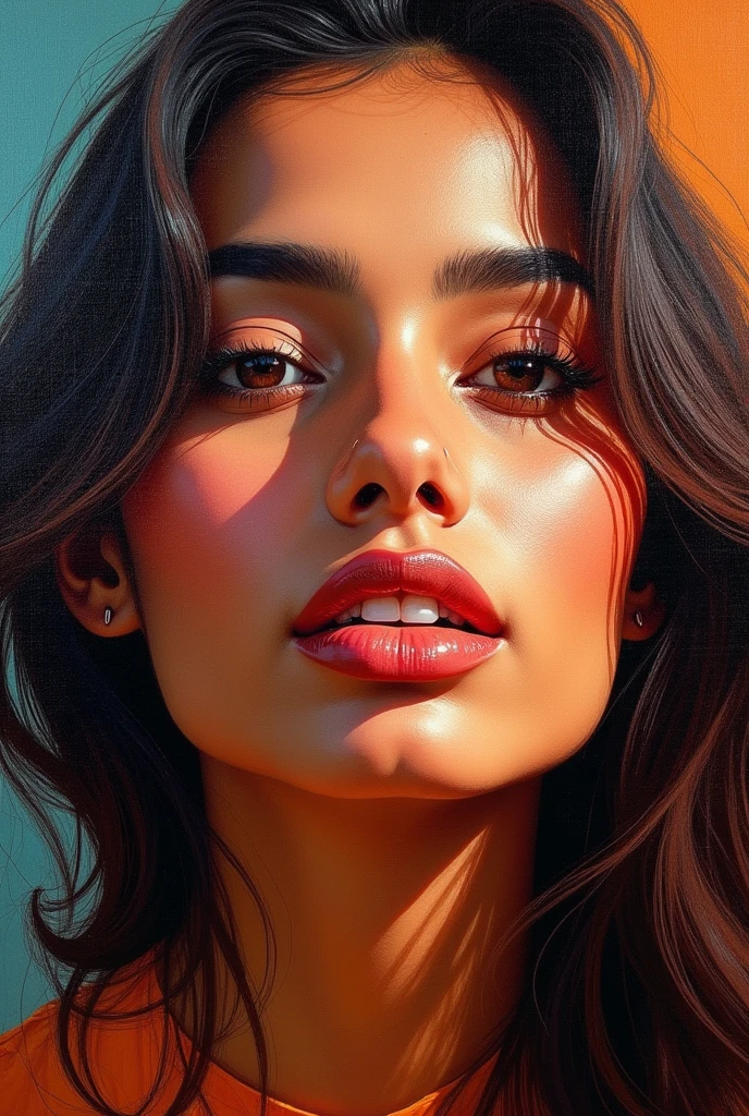 a beautiful indian woman,portrait,oil painting,palette knife painting,impressionist style,brushstroke technique,great brushstrokes,detailed face,detailed eyes,detailed lips,detailed skin,chiaroscuro lighting,warm colors,vibrant colors,high contrast,textured canvas,dramatic lighting,glowing skin,dynamic brushwork,expressive brushwork,impasto,depth of field,photorealistic,cinematic,digital art,masterpiece,best quality,8k,ultra-detailed,realistic, cute , smiling
