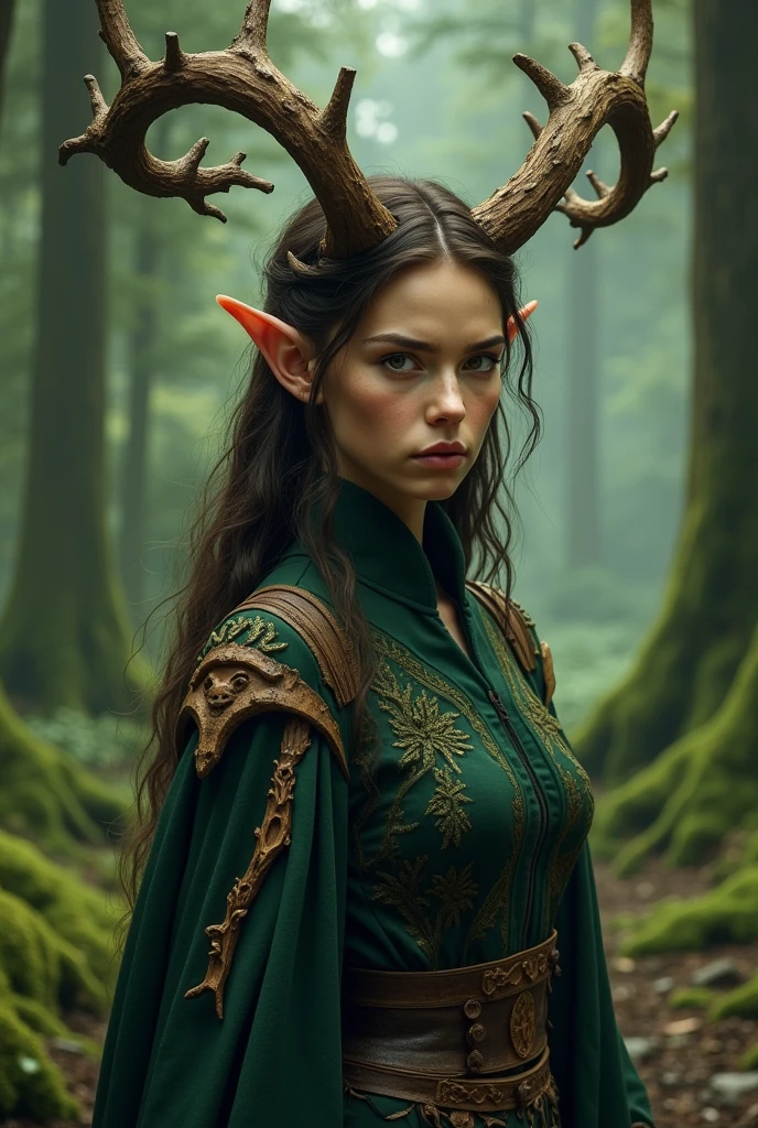 Elf girl druid ,that it be serious and with wooden horns they resemble branches,that he has a dark green suit