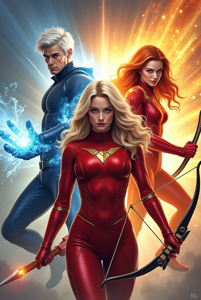create a comic book image: Lucas till with ice powers and white hair, Kristine froseth blonde and with sun powers, madelaine petsch wearing a red outfit with a bow and arrow, Joe keery holding a sword
