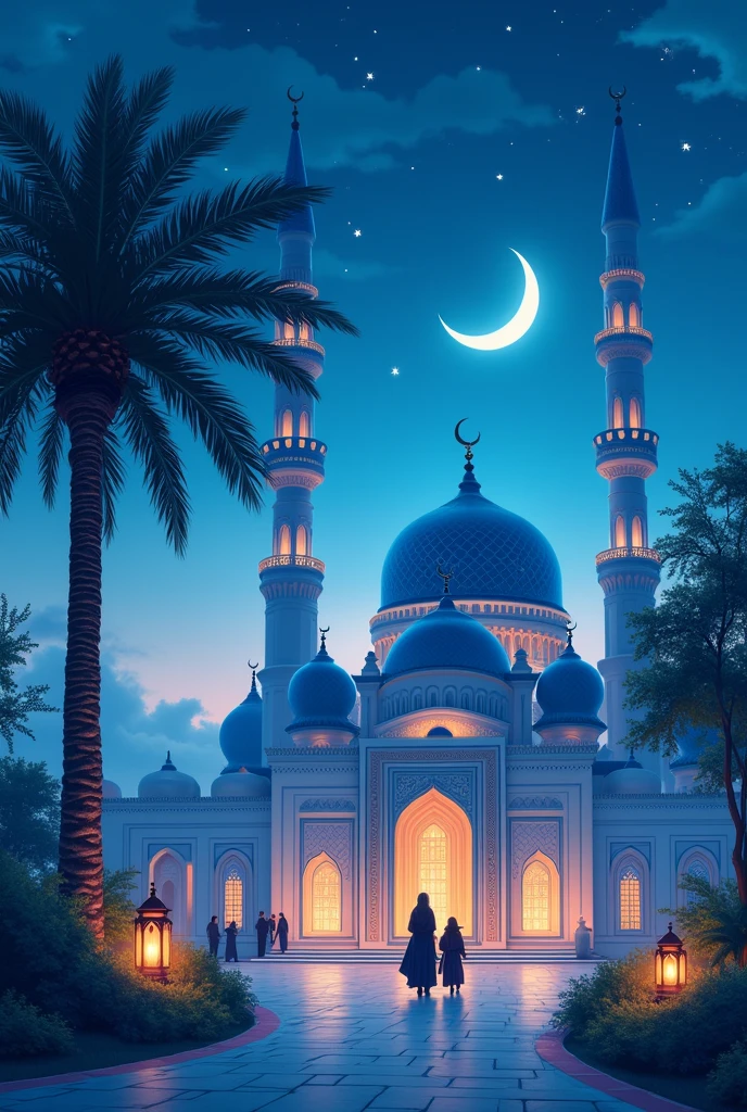 Make a book cover. 

- blue and white mosque with a palm tree and some designs 
- put some lanterns 
- include sky with moon and stars
- include hijabi girls and boys near mosque 
