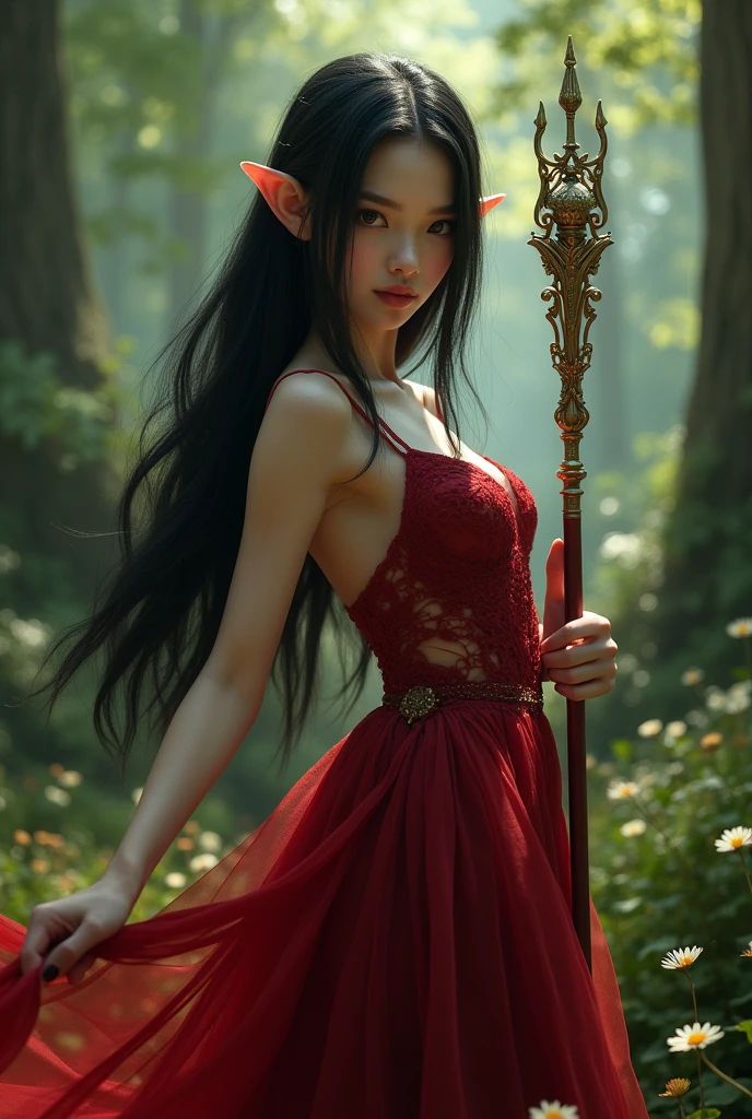 woman, long straight black hair, elf type, cherry dress, large bust, in fantasy forest, with a scepter, looking at the camera, photorealistic