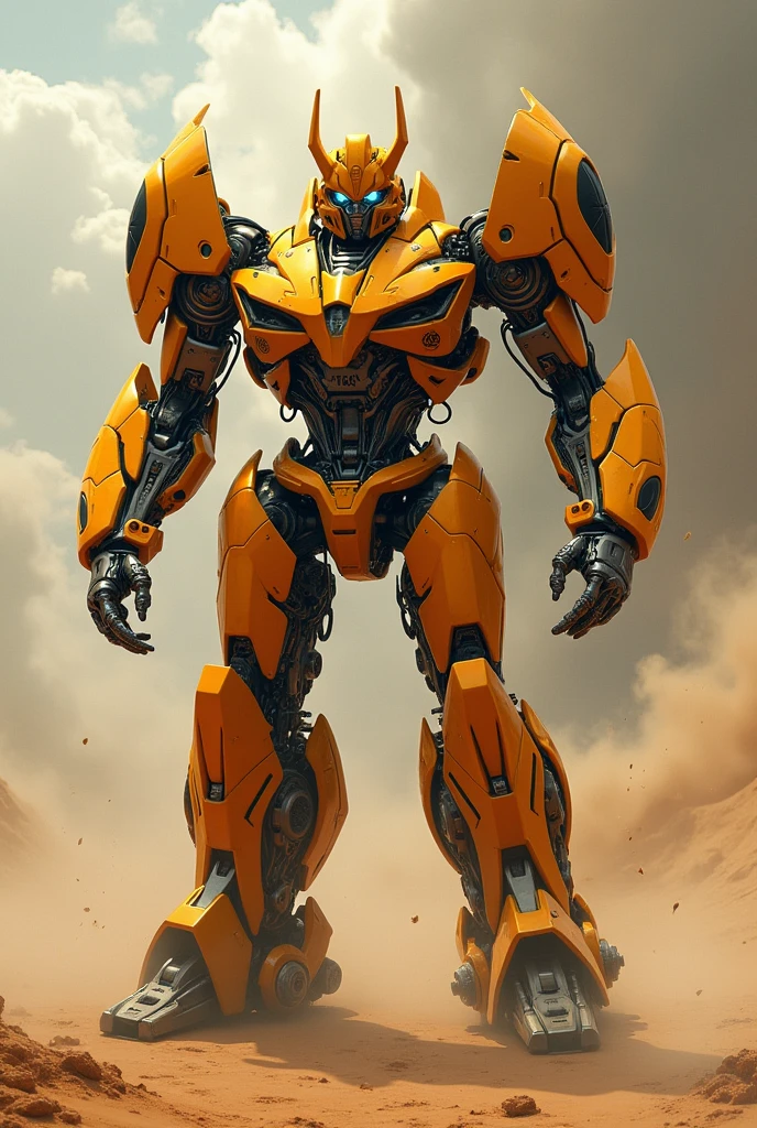 Transformer Bumblebee in sandy alien orange with hxy on storm guusand, paticul, debrit, bizzare, oil painting, Syd Mead, Carne Griffiths strokes, paint dripping )) - Unreal Engine 3D; symbolism; colorful; polished; difficult; ultra high resolution; D3D; 16K", full color biomechanical cyborg, low contrast, soft cinematic light, mixed exposure, HDR, front, centered, symmetry, painted, intricate, volumetric lighting, beautiful, rich deep colors masterpiece, sharp focus, ultra detailed, in the style of dan mumford and marc simonetti, astrophotography