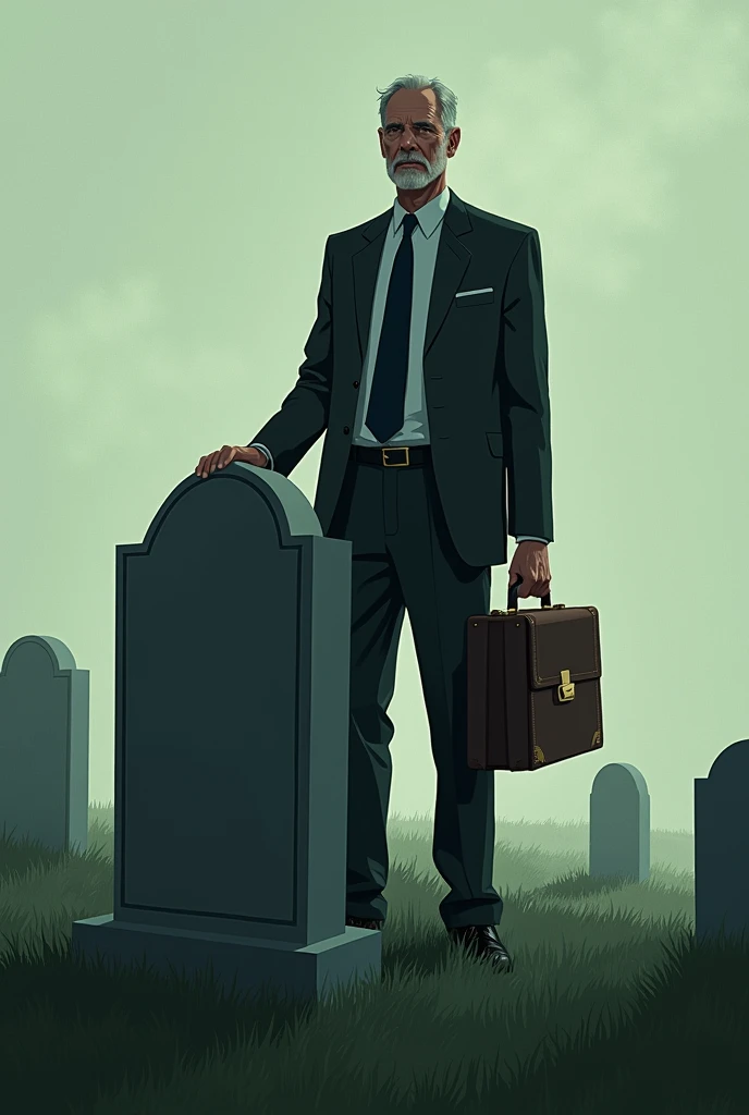 Animated image of a grave a person wearing suit comes with money in briefcase and the person standing near the grave says sorry you are allowed with this