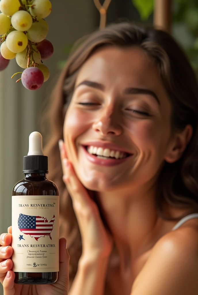A woman with a happy face , doing your skin care, in the scene there are grapes falling on her face, with a close-up capturing the translucent smoked dropper bottle with black label and gold letters reading trans resveratrol, the label contains the outline of the US map filled with the US flag.