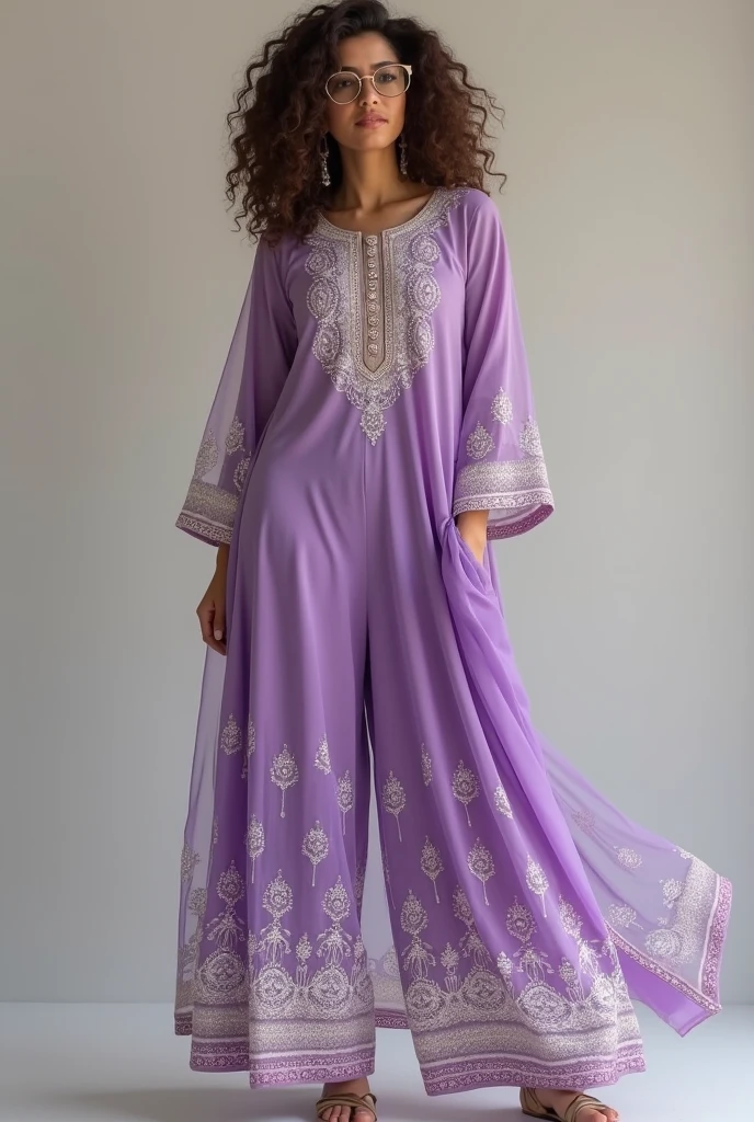 Pakistani style Co-ords short kamiz and wide salwar dress beautiful unique design with lower part ambroidary white and purple color combination with a sweet curly hair 20 years old model girl wearing glass