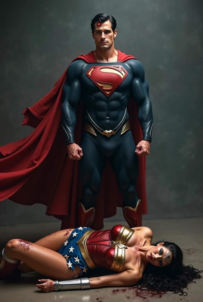 Superman standing with bloody fists and black suite and glowing red eyes, A toned athlete, muscular, blue eyes, black hair Wonder Woman in Wonder Woman’s tiara, red and gold bustier, blue leotard with white stars, ((silver wrist bracelets:1.2)), ((Red knee high boots:1.2)), golden belt with athletic and muscular body laying on the ground unconscious covered in sweat with tattered costumes.