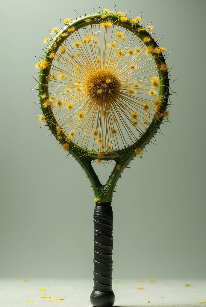 Create a tennis racket using bio technology the elements I want you to use are, cacti and the dandelion flower, the structure of the cactus racket and the dandelion flower network 