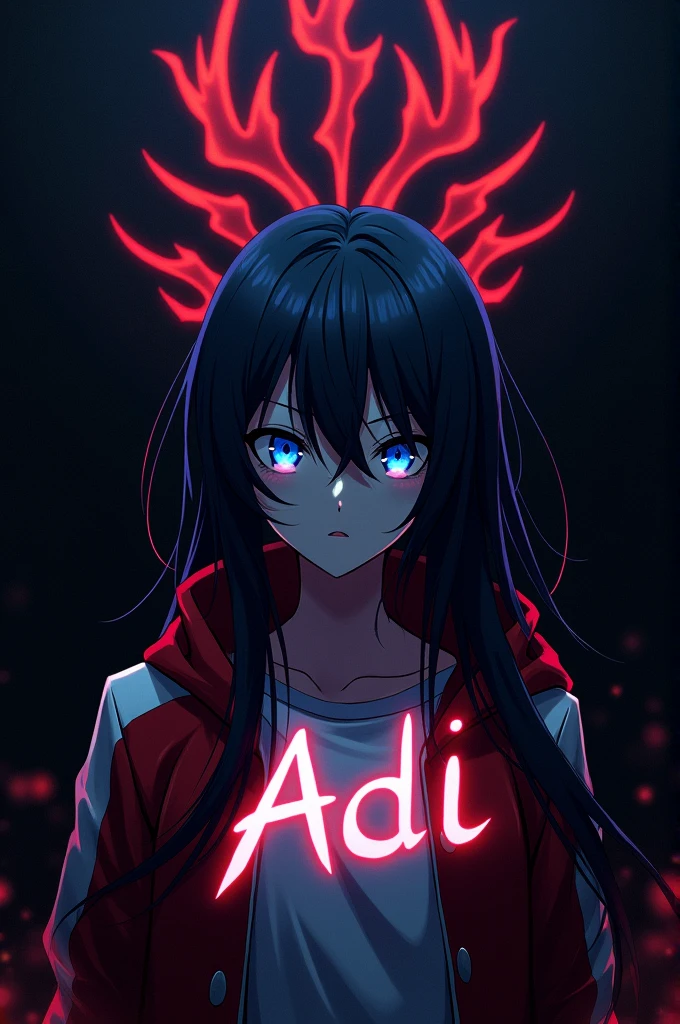 Create an image with a black background featuring a dangerous pattern. Include a adii white glowing text. Add an anime character with long hair covering half of their face, wearing a Demon Slayer jacket in red and white colors. The character should have blue eyes, giving off a mysterious and intense vibe." For Instagram dp