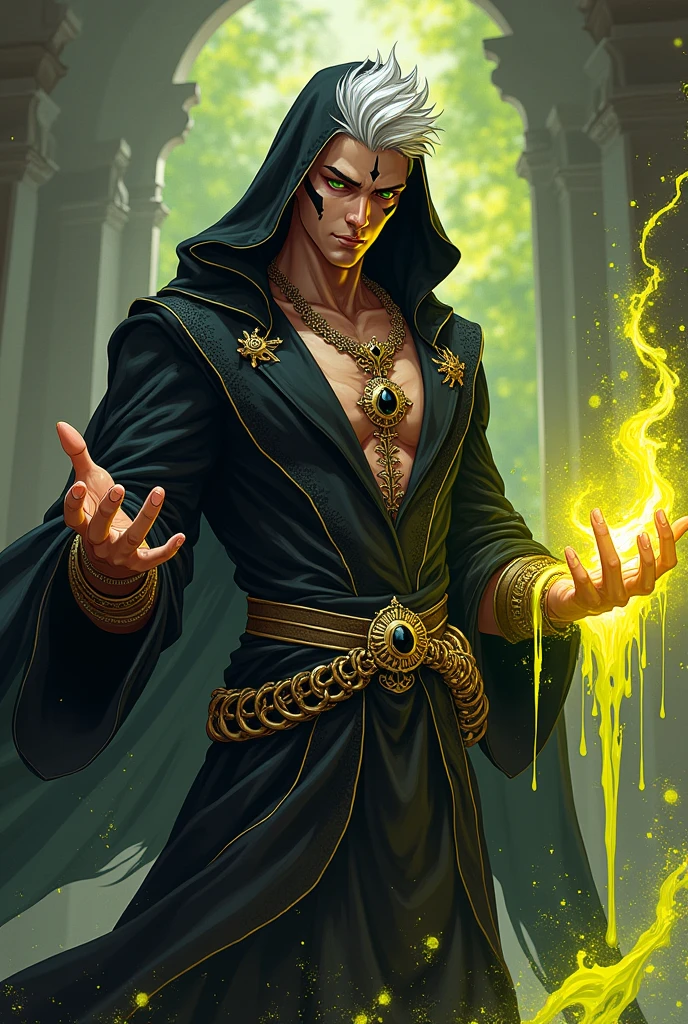 dnd, dungeons and dragons, adult snake man, normal round human ears, serpent, snake guy, sorcerer, slender, acid magic, caustic magic, magic, casting a spell, solo, single person, portrait, action pose, tanned white skin, symmetrical black snake scales on cheeks, tattoo on lip and chin, medium spiky white hair with black streaks, black highlights, black fingernails, green snake eyes, reptile eyes, handsome, male, anime, ornate black robes with hood, black hood up, gold jewelry with black gems, noble, rich, black and yellow magic, acidic, putrid, slime, goo, ((masterpiece, best quality)), trending artwork