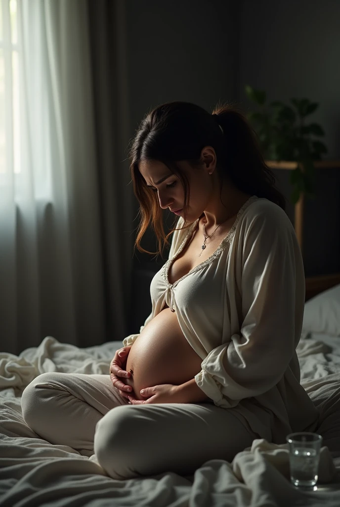 Pregnant wife cries in her room in clothes, brunette, sadness