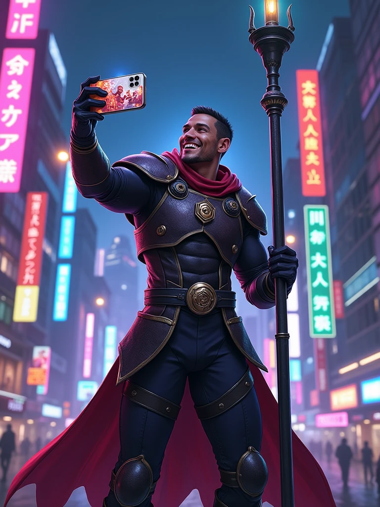 The LoL Wild Rift character Jax, happy holding his staff, Tokyo city background at night with lots of cyber punk led lights, and in the other hand she is holding an iPhone 13 Pro Max taking a selfie, ultra realisitic, with great quality, selfie photo size