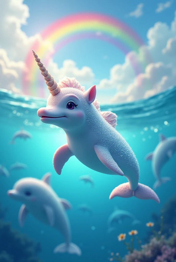 I want an image in tiktok format that shows a mix of a unicorn and a dolphin in the sea and that there are more dolphins in the background and a rainbow can be seen in the sea