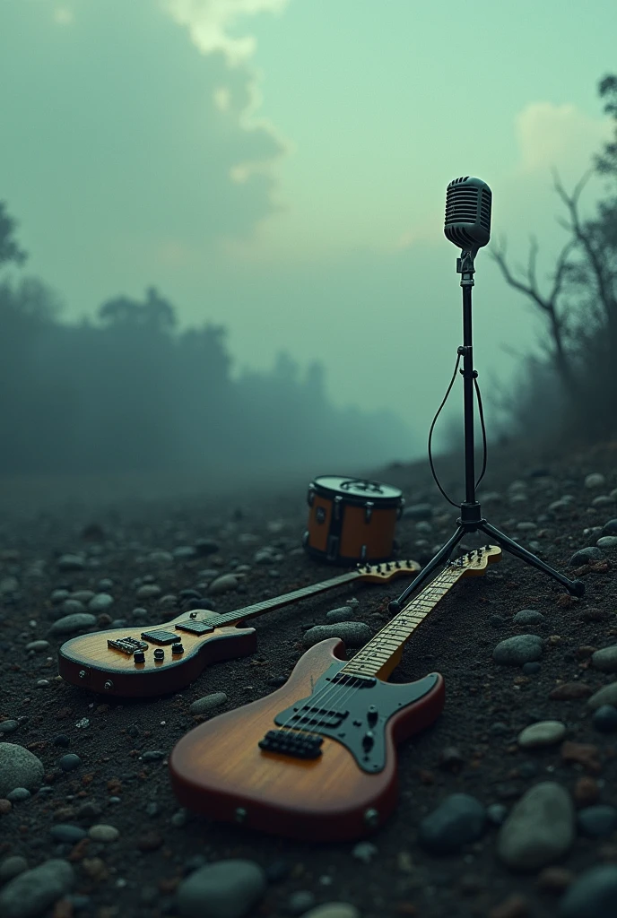 horizontal image of a DEVASTATED WORLD with embers on the ground at dusk with a thin cloud of smoke and a broken black drum set, and a jackson guitar lying on the floor and a brown bass guitar lying on the floor and a microphone lying on the floor, the broken musical instruments in the background of the image and scattered on the floor seen from afar