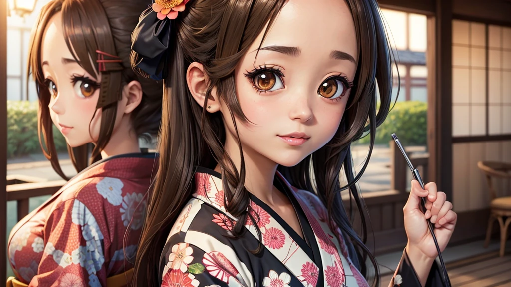 (masterpiece, best quality: 1.2), Solo, 1girl, Tainaka Ritsu, k-on, brown eyes,anime style, ((((ultra illustrated style: 1.0)))),best quality,masterpiece,1girl,((((tainaka ritsu)))), ((((k-on)))), brown eyes, brown hair, hairband, short hair, female, {{{{{{heart-shaped pupils}}}}}}, beautiful detailed kimono, japanese pattern print, floral print
