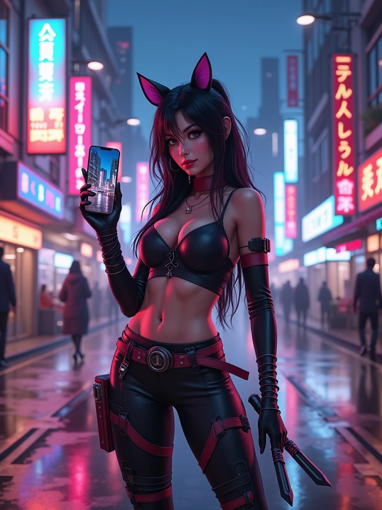 the character akali from league of legends happy holding her daggers, Tokyo cityscape at night with lots of cyber punk LED lights, and in the other hand she is holding an iPhone 13 Pro Max taking a selfie, ultra realisitic, with great quality, selfie photo size