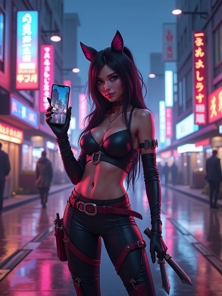 the character akali from league of legends happy holding her daggers, Tokyo cityscape at night with lots of cyber punk LED lights, and in the other hand she is holding an iPhone 13 Pro Max taking a selfie, ultra realisitic, with great quality, selfie photo size