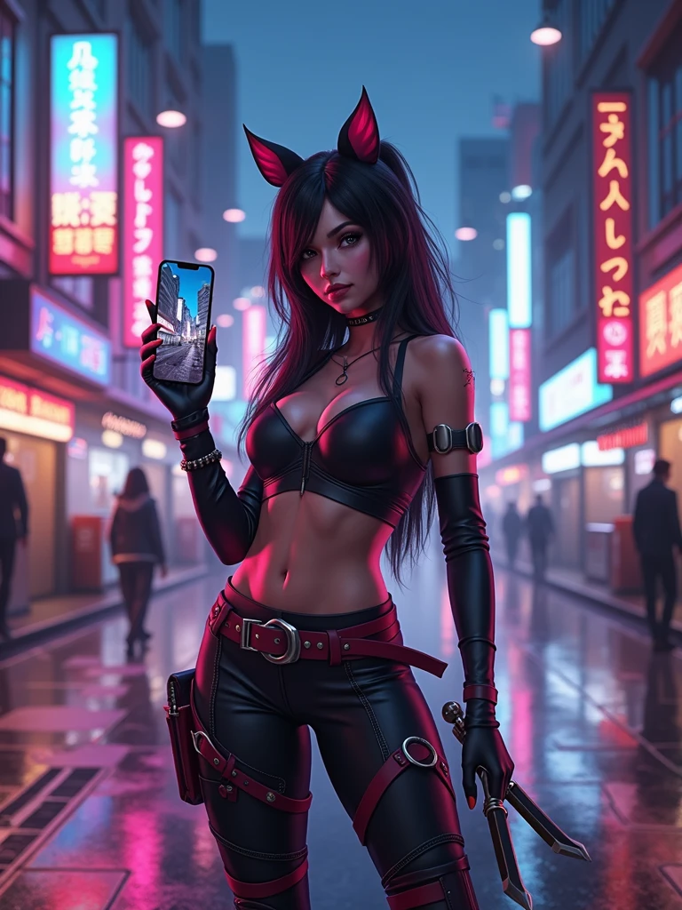 the character akali from league of legends happy holding her daggers, Tokyo cityscape at night with lots of cyber punk LED lights, and in the other hand she is holding an iPhone 13 Pro Max taking a selfie, ultra realisitic, with great quality, selfie photo size