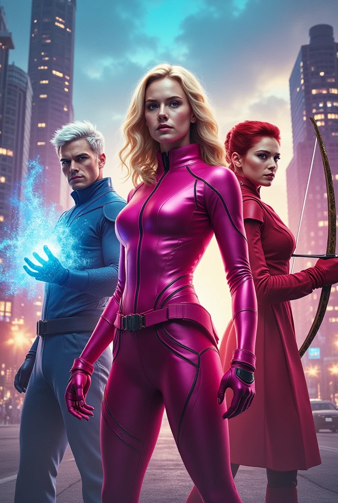 create an image with four comic book characters: Lucas till with ice powers and white hair, Kristine froseth pink outfit and sun powers, madelaine petsch wearing a red outfit with a bow and arrow, Joe keery holding a sword