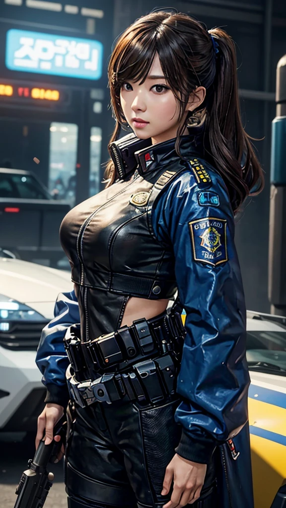 arafed woman in a police uniform standing next to a truck, oppai cyberpunk, officer, trending at cgstation, as overwatch character, korean girl, female cyberpunk anime girl, cyberpunk 2 0 y. o model girl, outfit: cop, jaeyeon nam, wearing a police uniform, ig model | artgerm, closeup shot, perfect android girl, blunt bangs, twin drills, light brown hair, depth of field
