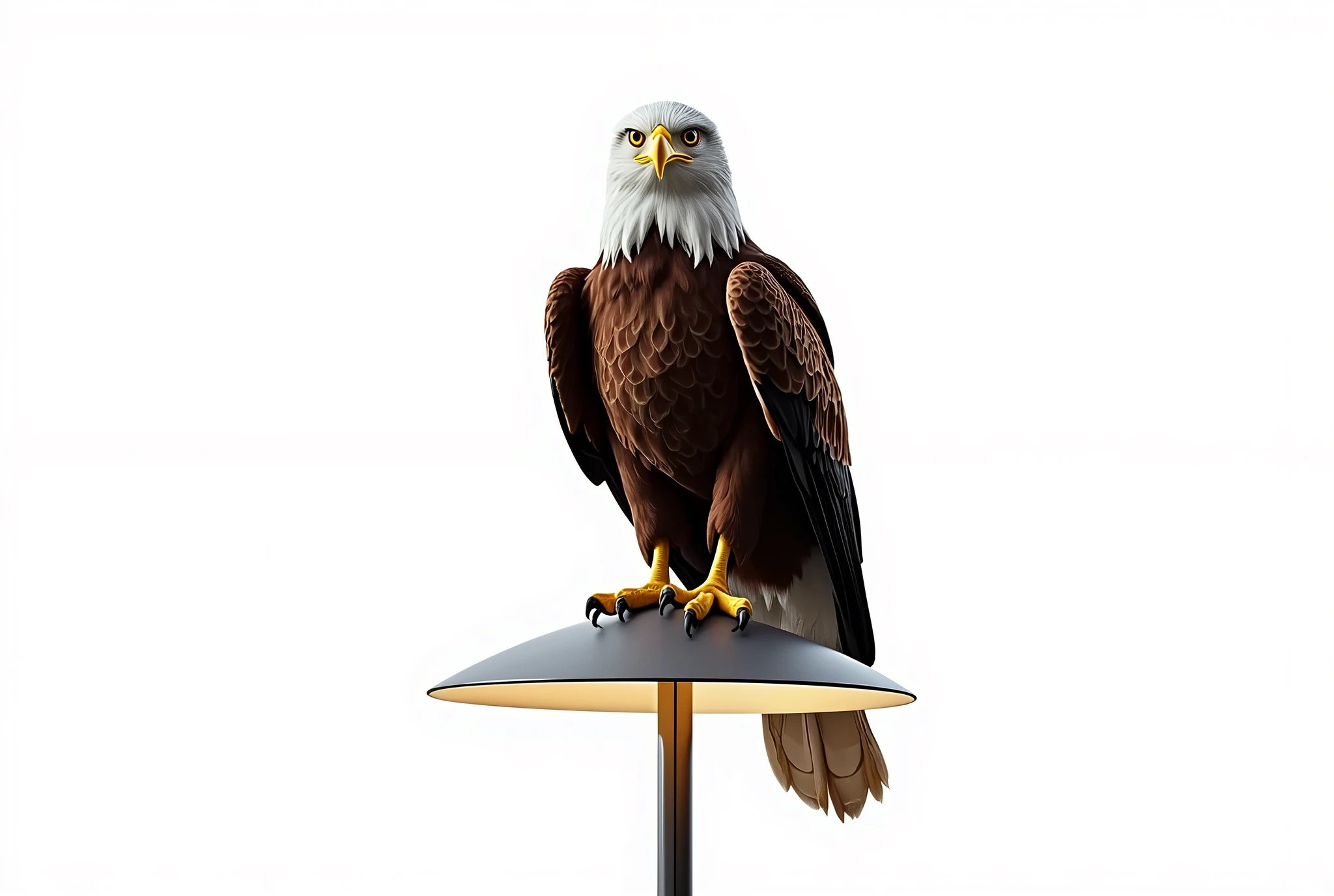 (photorealism:1.2), A eagle sitting on the lamp is isolated in the white background