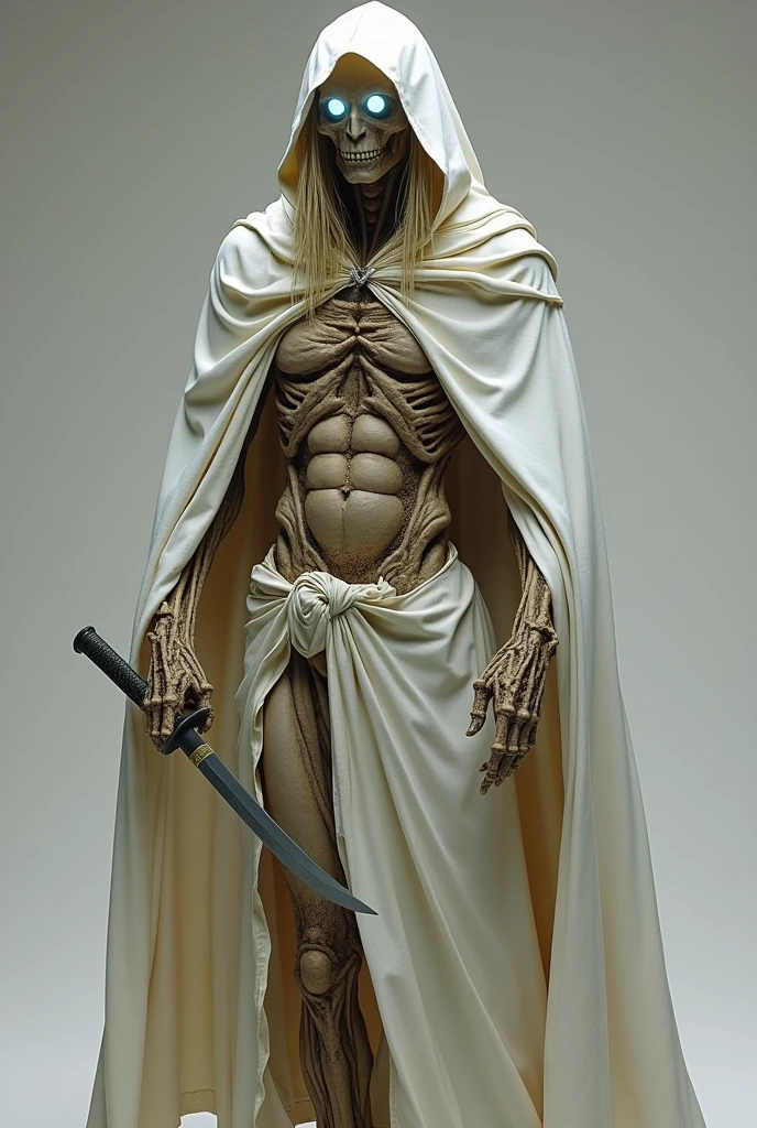 I wish you to create a male Elf wizard with his entire body in a state of deep mummification wearing a white hooded robe., where the big belly muscles appear. His pointy ears appear. And he holds a katana. In place of his eyes are two tiny, discreet, luminous white orbs.. Her long blonde hair is now just a remnant.