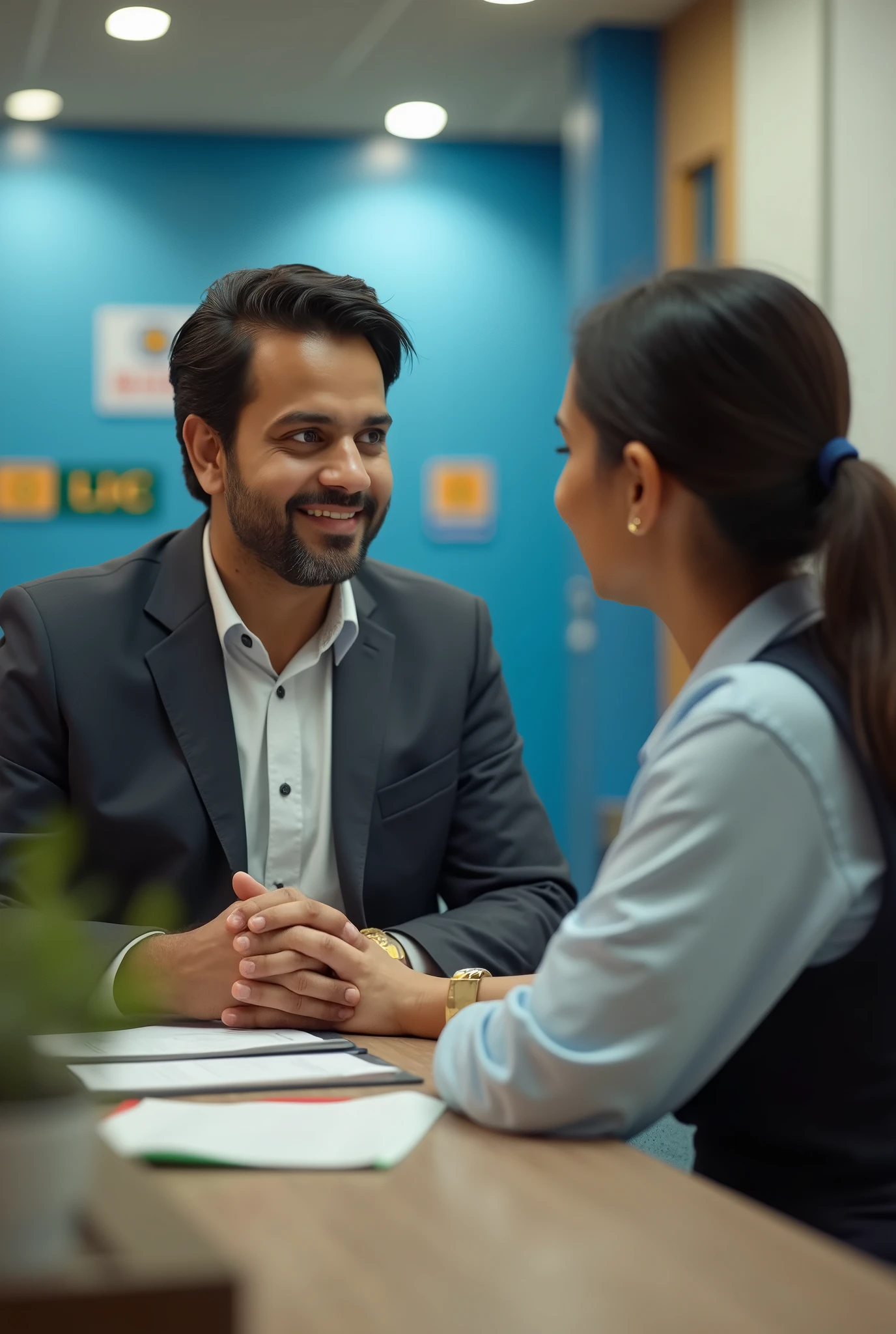 A man is an lic agent and selling policy to a customer and showing that both are satisfied with each other and lic clearly showing in the images.