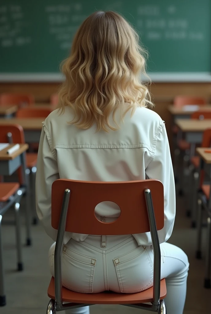 (fotorrealism:1.2), beautiful ager, big-ass, camera behind her, She is wearing an oversized shirt and it makes her shirt cover her jeans a little bit., wearing white jeans, seated in a chair, slightly curly blonde hair, in a classroom environment, her ass showing through the hole in the back of the chair,