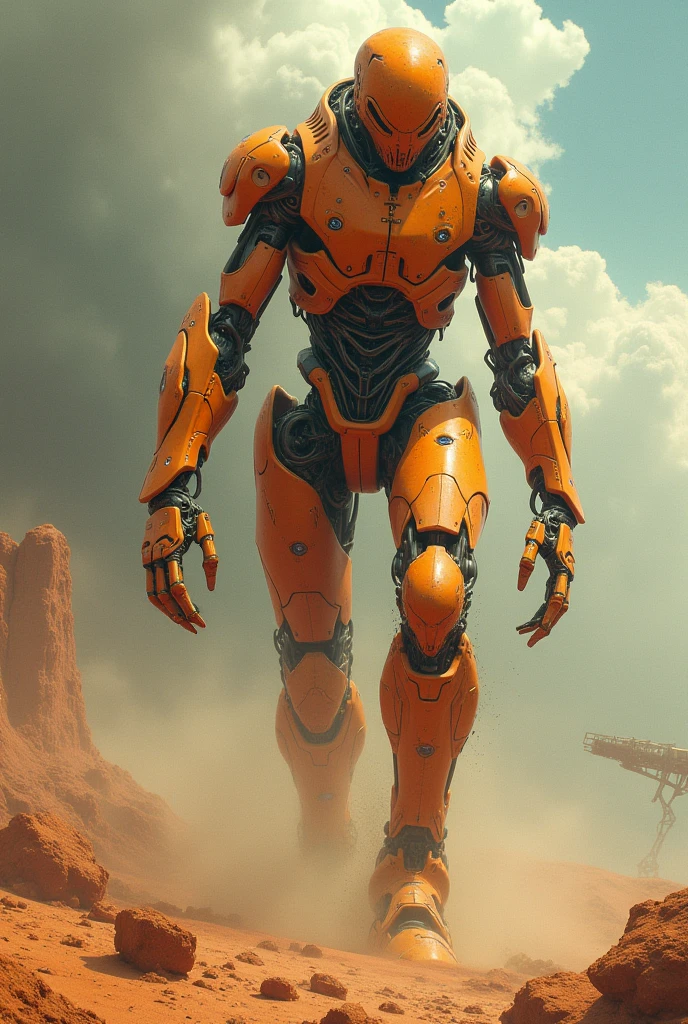 a cyborg in sand alien orange with a hxy on storm guusand, paticul, debrit, bizzare, oil painting, by Syd Mead, Carne Griffiths strokes, paint dripping )) - Unreal Engine 3D; Symbolism; Colourful; Polished; Complex; UHD; D3D; 16K", full color painting of biomechanical cyborg, low contrast, soft cinematic light, exposure blend, hdr, front, sf, intricate artwork masterpiece, ominous, matte painting movie poster, golden ratio, trending on cgsociety, intricate, epic, trending on artstation, by artgerm, h. r. giger and beksinski, highly detailed, vibrant, production cinematic character render, ultra high quality model