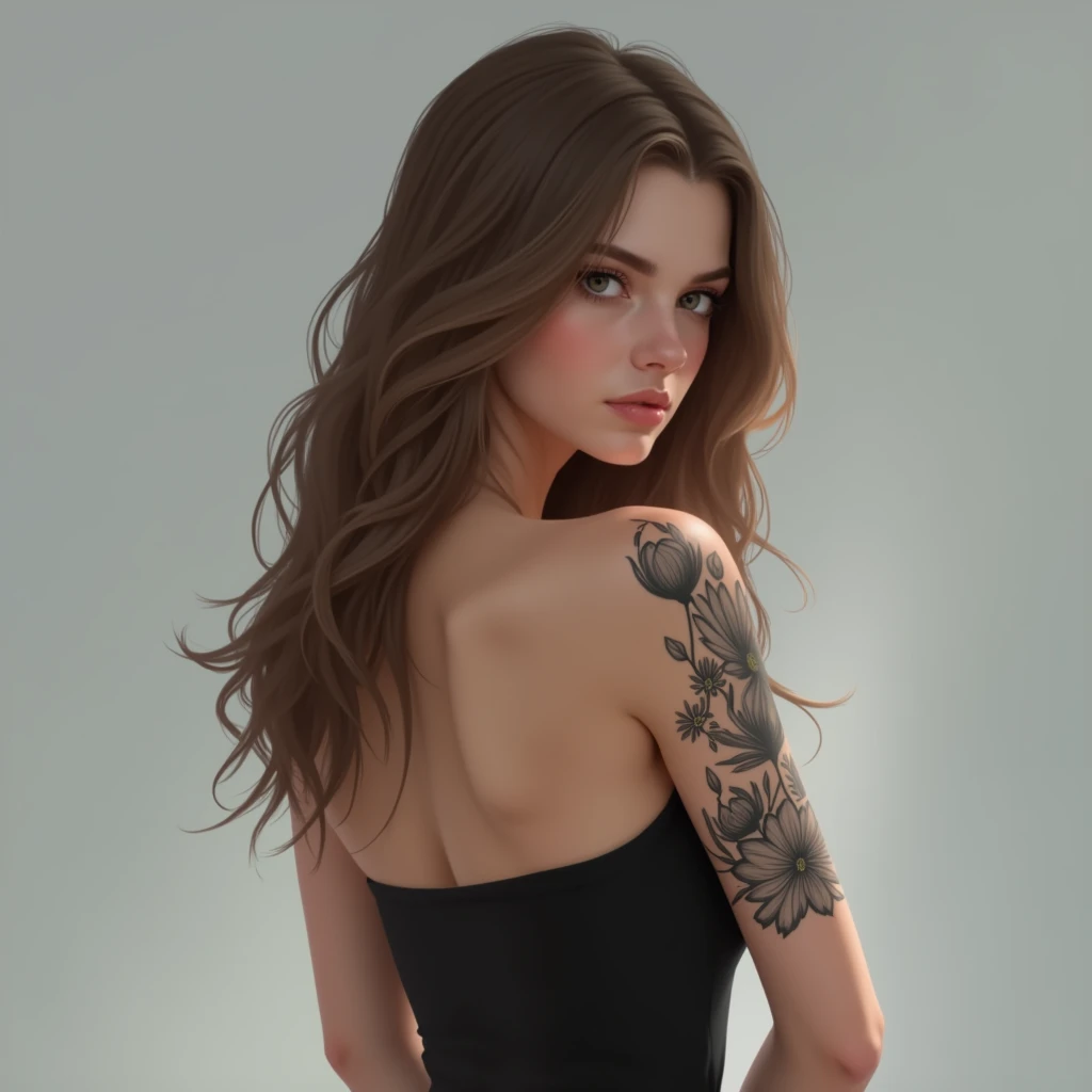A woman with a medium complexion, likely in her late teens to mid-twenties, stands with her back to the camera. Her long, light brown hair cascades down her back, styled straight and loose with a center parting. Her black, strapless top reveals her back and shoulders, and appears to be made of a stretchy material like spandex or a spandex blend, fitting her body closely.

On her right upper arm, a black ink tattoo of a flower with a detailed design covers a significant portion of her skin. The tattoo is intricately designed, with delicate petals and intricate details that catch the light.

The subject's posture is straight, with her arms relaxed at her sides. Her head is turned to look over her right shoulder, her eyes looking directly at the camera with a hint of intensity. Her expression is otherwise neutral, with a subtle, soft quality to her features.

The background is a light grey color with a soft gradient, giving the image a sense of depth and dimensionality. The lighting is soft and diffused, coming from a source in front of the subject, and illuminates her face and upper body evenly. There are no harsh shadows or distractions, keeping the focus squarely on the subject.

The image is high-resolution, with good detail and clarity. The subject's features, tattoos, and clothing are all clearly visible, with a level of texture and dimension that draws the viewer in.

Image Specifications:

Resolution: High-resolution
File format: JPEG or similar
Dimensions: 3000 x 2000 pixels or similar
Color depth: 24-bit or similar
File size: 5-10 MB or similar