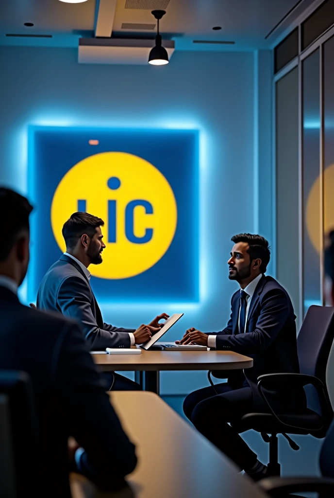 A man selling lic policy to a customer and clearly show that the man is lic agent and selling lic policy and on the wall the lic fill with yellow colour and outer is blue colour clearly showing and lic showing clearly in the images. The LIC is yellow colour and her outer box is blue 