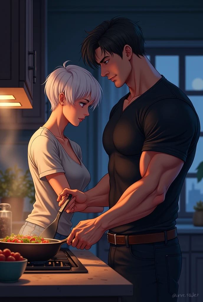 A couple fighting in the kitchen, The tall, strong man in a black shirt standing leaning against the kitchen sink he was holding a glass cup with a drink inside, and the woman in front of him, the woman has short white hair and light brown skin and violet eyes, dressed in a tank top, white 
