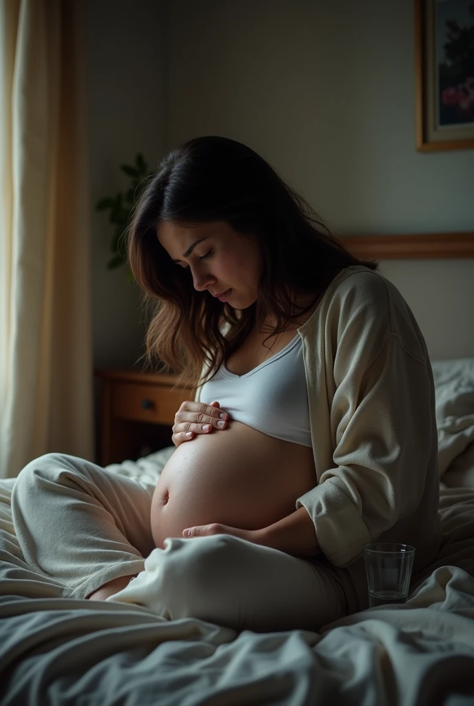 Pregnant wife cries in her room in clothes, brunette, sadness