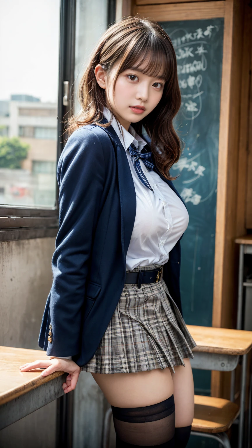 masterpiece, best quality, illustration, Super detailed, fine details, High resolution, 8K,wall paper, perfect dynamic composition,(Details High quality, realistic depiction of eyes:1.3), from side, High School Classroom、High school girl uniform、blazer 、Super Short Check Uniform Skirt、Navy blue high socks、garterbelts、Colossal tits、Disturbed uniform, short hair, (wavy hair:1.2), short bob hair, black hair color, large breasts, Big Natural Color Lip, acrobatic pose, perfect body shape, crying a little、Harajuku style、20 year old girl、cute type, beautiful legs, hposing Gravure Idol, Voluptuous thighs