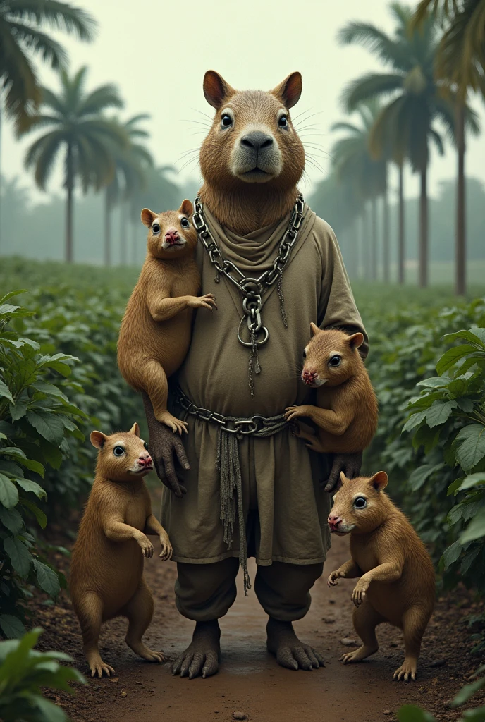 Capybara dressed as a slave with skinny baby capybaras with macabre faces on a coffee plantation