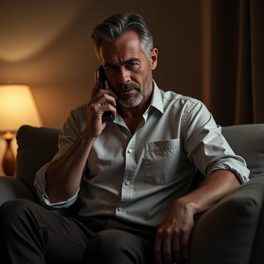 Generate an image of a handsome 53-year-old man dressed casually at home. He talking on the phone with a secretive attitude.
