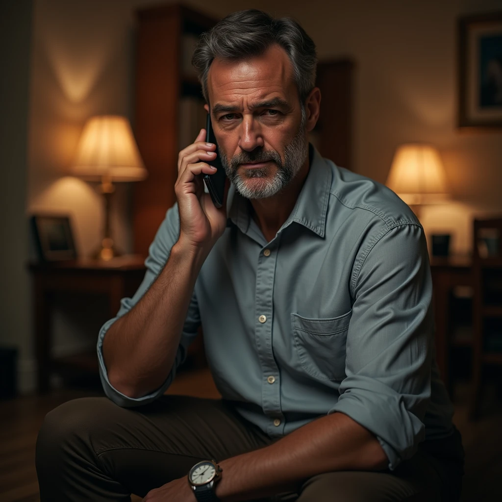 Generate an image of a handsome 53-year-old man dressed casually at home. He talking on the phone with a secretive attitude.