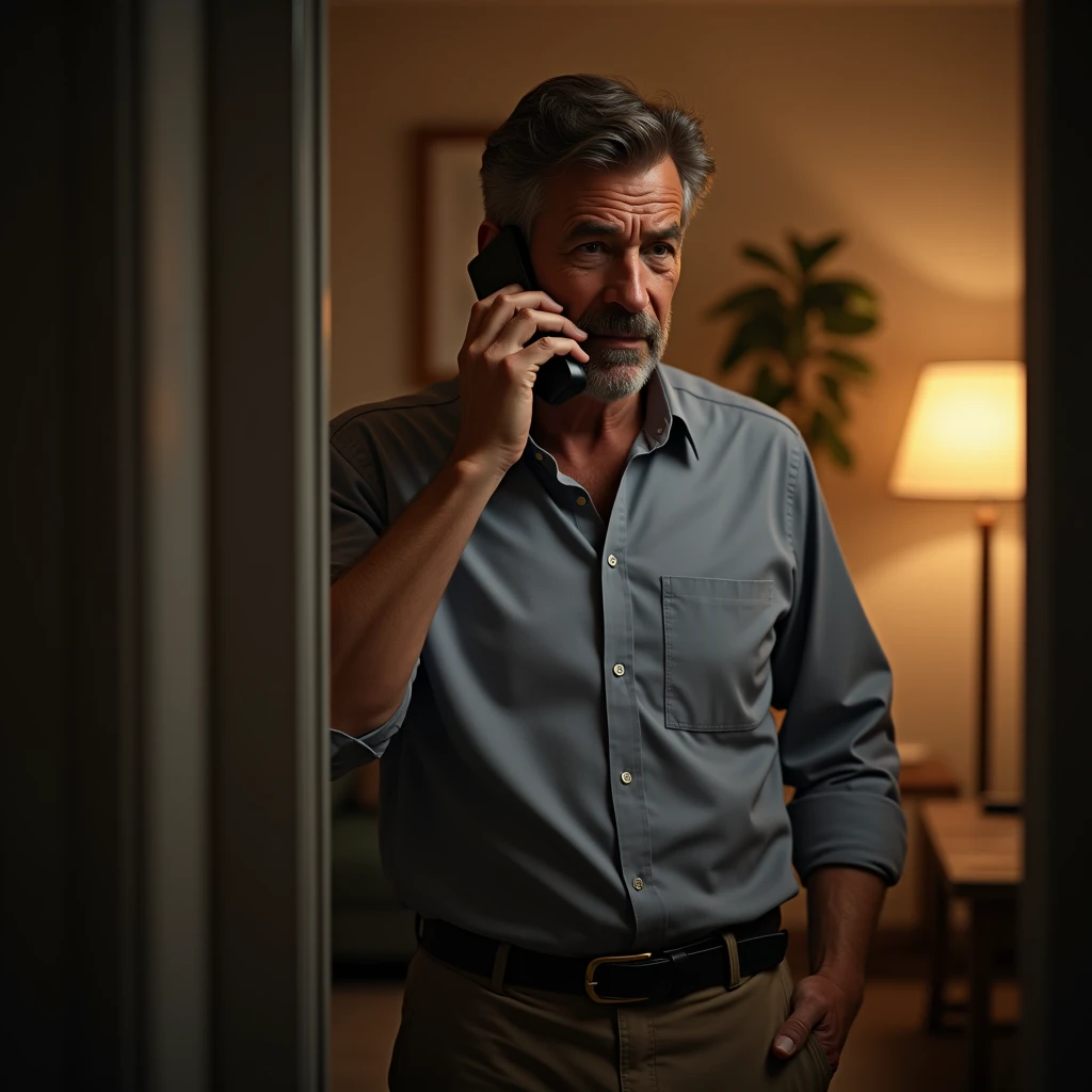Generate an image of a handsome 53-year-old man dressed casually at home. He talking on the phone with a secretive attitude.
