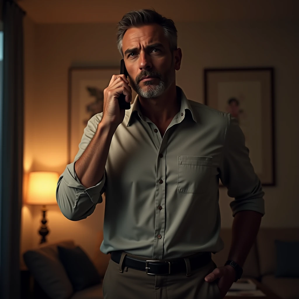 Generate an image of a handsome 53-year-old man dressed casually at home. He talking on the phone with a secretive attitude.