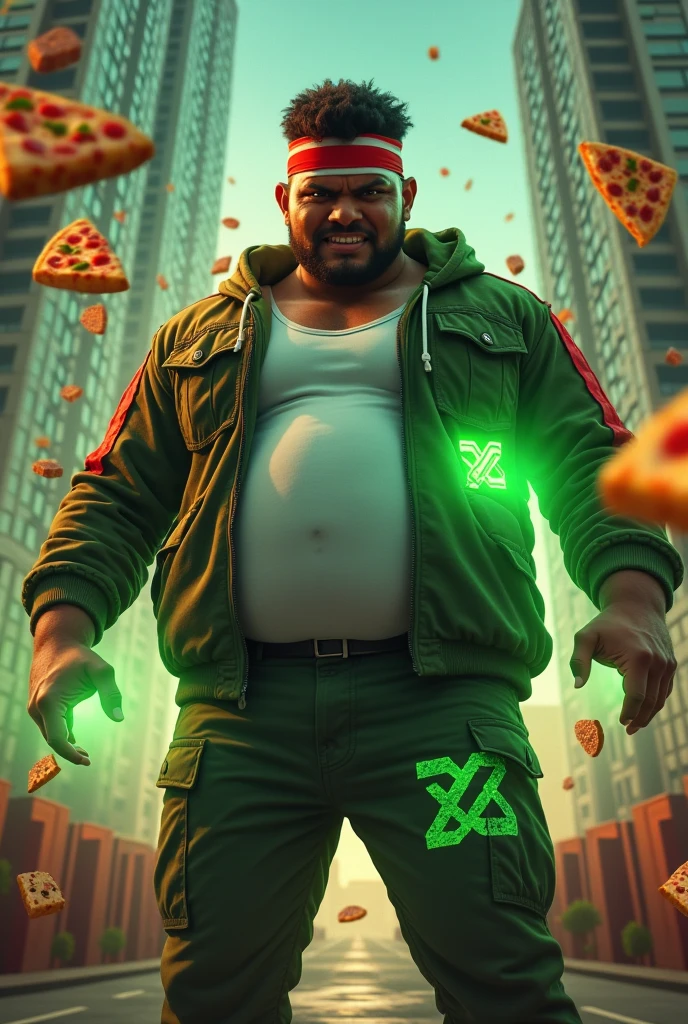 20year old bangladesh man , nepal ( chubby body type. body.) sharp eyes. chubby face. dark skin. man . Anger face. Open mouth. wear headband red whitr. . wearing an (green red stripe jacket) future shirt . anger faces, short hairstyle.wear white singlet.((wear green jacket))("G" logo on the shirt.) l . Dramatic.. at city ,( camouflauge green)cargo pant,, detailed face, cinematic lighting, dramatic atmosphere,.hot day. vibrant colors, 8k, high quality, photorealistic. Hero suit.. ha,army green logo design on pant . Very strong. Future design dress. Very epic. Very hot background.. dark sky. Very strong . . Flying floating glowing pizza, candy. chocolate bar everywhere..Floating small rock small rock glwing green everywhere.have a power turn anything to the food. ))green two finger on both side. upper tilt shift shoot photograpy. jump effect. panning effect. ((glowing green pizza. )) running effect. fast running. 
