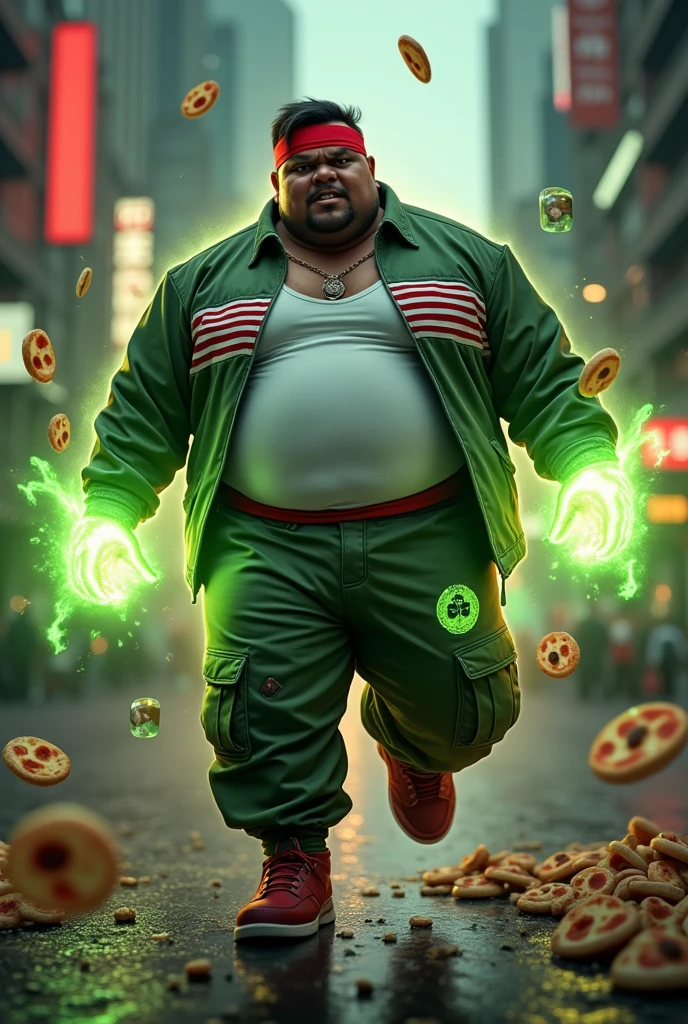 20year old bangladesh man , nepal ( chubby body type. body.) sharp eyes. chubby face. dark skin. man . Anger face. Open mouth. wear headband red whitr. . wearing an (green red stripe jacket) future shirt . anger faces, short hairstyle.wear white singlet.((wear green jacket))("G" logo on the shirt.) l . Dramatic.. at city ,( camouflauge green)cargo pant,, detailed face, cinematic lighting, dramatic atmosphere,.hot day. vibrant colors, 8k, high quality, photorealistic. Hero suit.. ha,army green logo design on pant . Very strong. Future design dress. Very epic. Very hot background.. dark sky. Very strong . . Flying floating glowing pizza, candy. chocolate bar everywhere..Floating small rock small rock glwing green everywhere.have a power turn anything to the food. ))green two finger on both side. upper tilt shift shoot photograpy. jump effect. panning effect. ((glowing green pizza. )) running effect. fast running. 
