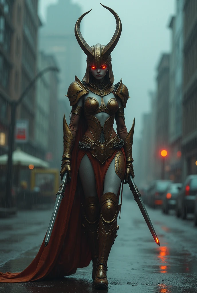 Female warrior,alien body invasion,Heavy metals,energy line,anonymous,bright eyes,elegant,excruciating,brown and white uniform,helmet bị biến dạng,Alone,modern,city,street,Dark Clouds,Thunder,heavy rain, ,Impressive lighting,,(Masterpiece:1.2), Highest quality, High resolution, Beautiful detail, high detail, perfect light, helmet, Dark Clouds, desert