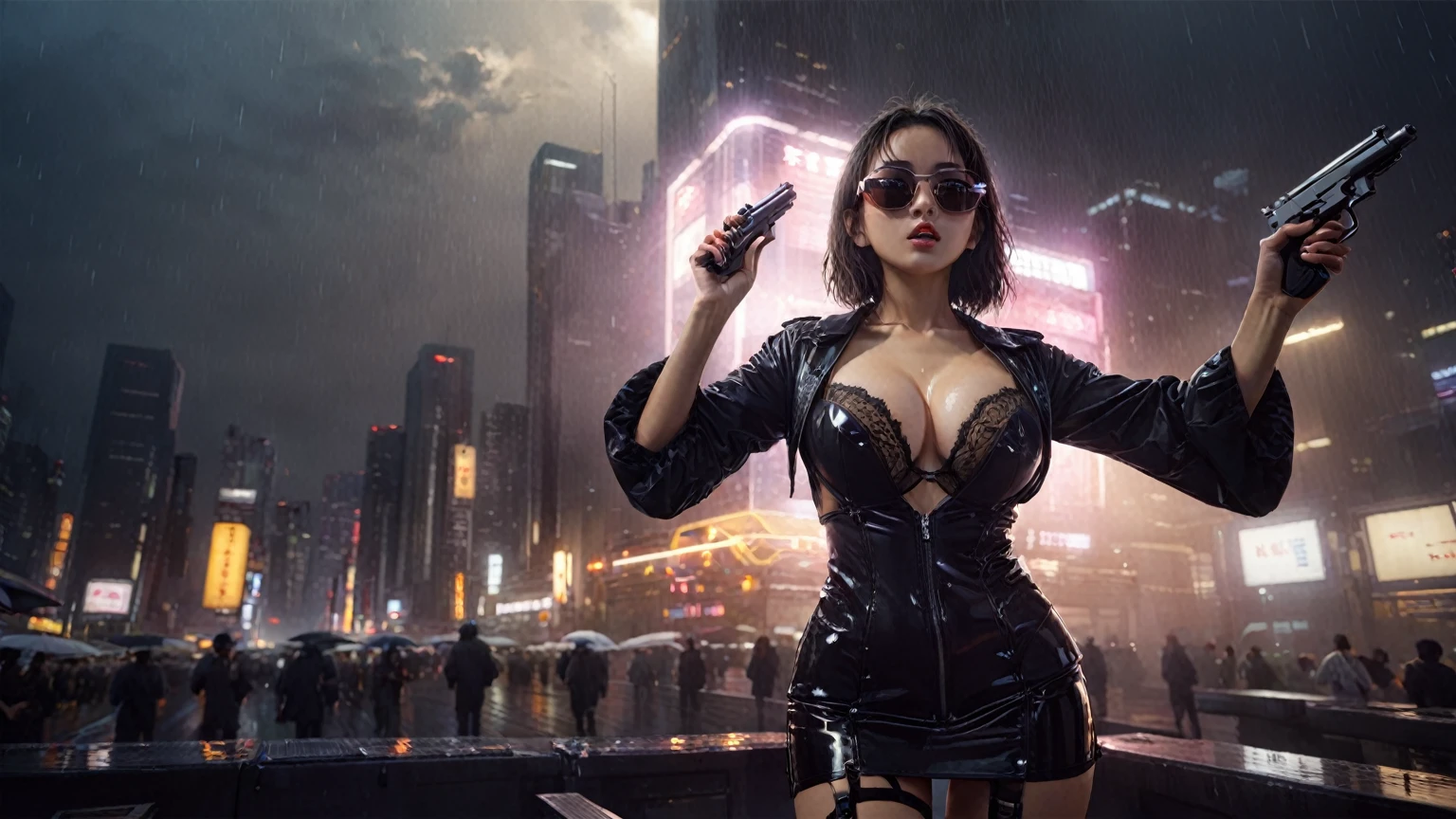 Blade Runner style futuristic Tokyo city, flying cars, neon lights, rainy night. (1girl, solo, alone), large-breast:1.2 slim:0.9 body, oval:0.8 face, cleavage:1.1, sexy laced lingerie, low angle view of miniskirt, jacket, (black micro sunglasses), (holding a short gun), half-body thigh level medium shot, cinematic lighting, ray tracing.