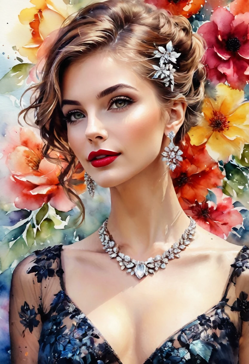 Watercolor-based paint, a masterpiece. beautiful realistic woman, detailed face, crystal clear amber eyes, red lipstick, flowing brown hair, delicate earrings and necklace, shiny red and black satin floral dress, exposed shoulders, flowers background,(((pictured from knees up))), Stunning image, watercolor bokeh hues background, UHD.