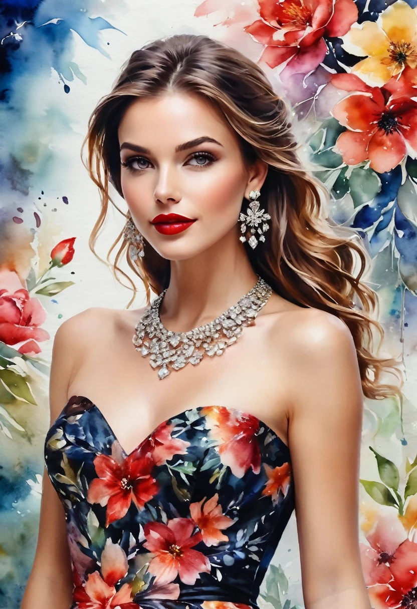 Watercolor-based paint, a masterpiece. beautiful realistic woman, detailed face, crystal clear amber eyes, red lipstick, flowing brown hair, delicate earrings and necklace, shiny red and black satin floral dress, exposed shoulders, flowers background,(((pictured from knees up))), Stunning image, watercolor bokeh hues background, UHD.