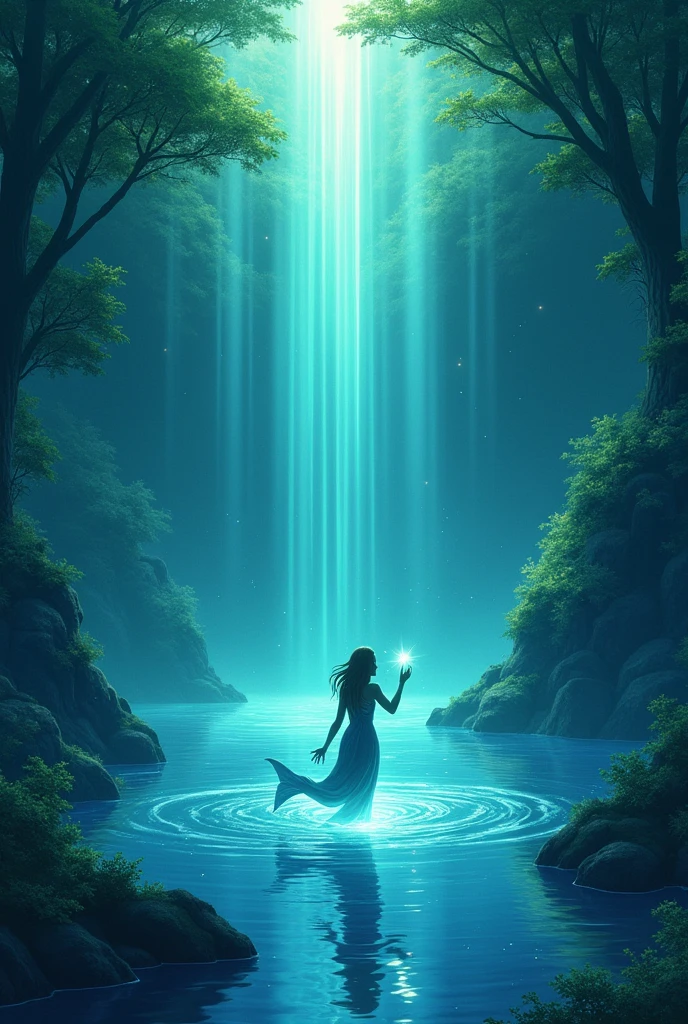 Create a lineart illustration Scenery: Lake with a visible magical aura, perhaps with glowing shades of blue and green, as Marine tries to connect with the water. The beams of light may reflect on the surface of the water, creating a mystical and ethereal atmosphere.